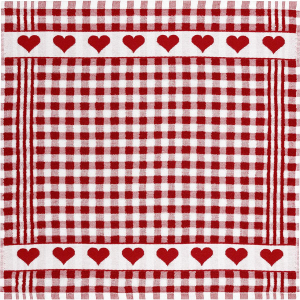 KRACHT  - Küchenhandtuch / Frottee -  Herzen / Hearts, rot - weiß
