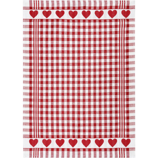 KRACHT  - Geschirrtuch / Tea Towel - Halbleinen Jacquard, Herzen / Hearts, rot, weiß