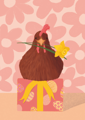 Postkarte - Toni Starck - Hen on a gift / Huhn auf Geschenk