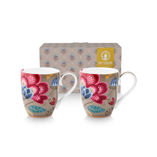 Pip Studio - 2er Set XL Henkelbecher / Mug - Blooming Tales, Fantasy Khaki, 450 ml