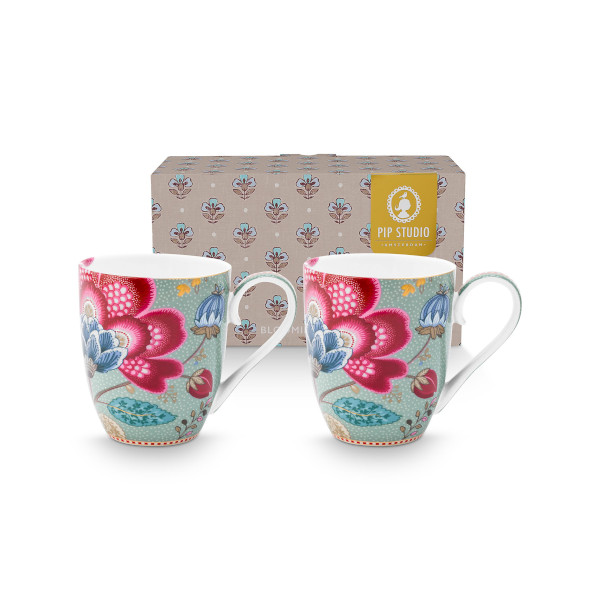 Pip Studio - 2er Set XL Henkelbecher / Mug - Blooming Tales, Fantasy Blue, 450 ml